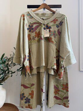 EASEL FLORAL PRINT MIX WASHED TERRY PANTS AND TOP 100% COTTON